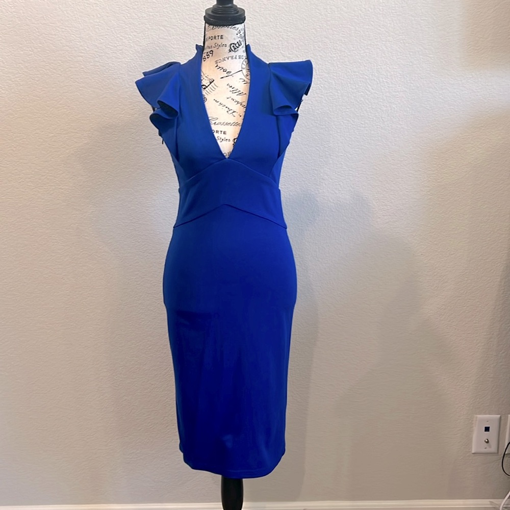 Blue Sleeveless V Neck Dress with Ruffle